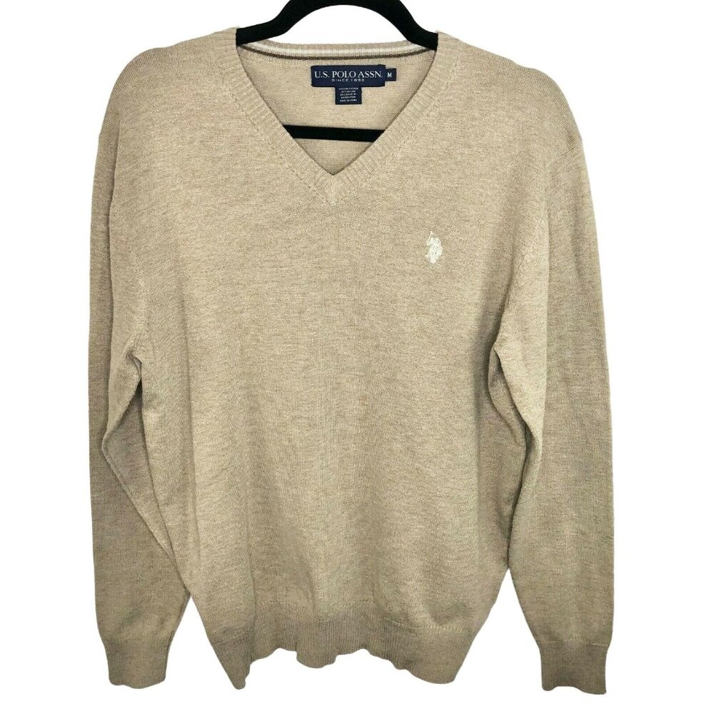 US Polo Assn Tan V-Neck LS Sweater Medium Mens Polyester/Nylon Blend